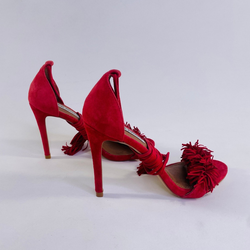 Steve Madden Sassey Red Suede Fringe Tassel Lace Up Heeled Sandals Womens 7.5M - Picture 4 of 6